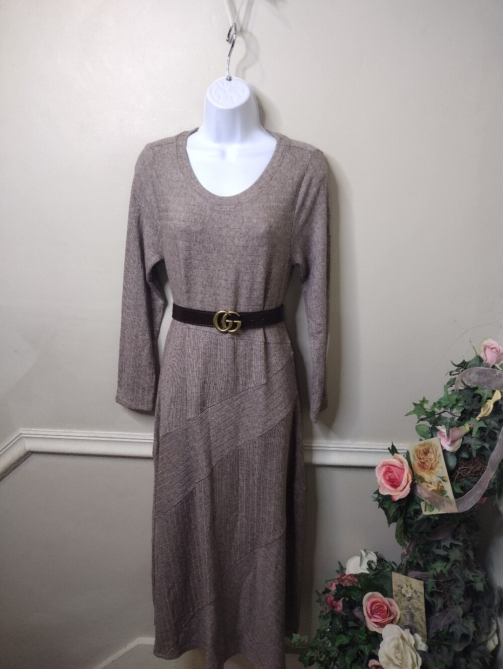 Soft Surroundings Taupe Ribbed Knit A-Line Long Sleeved Maxi Dress